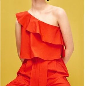 Zara coral red one shoulder frill jumpsuit ❤️🦀